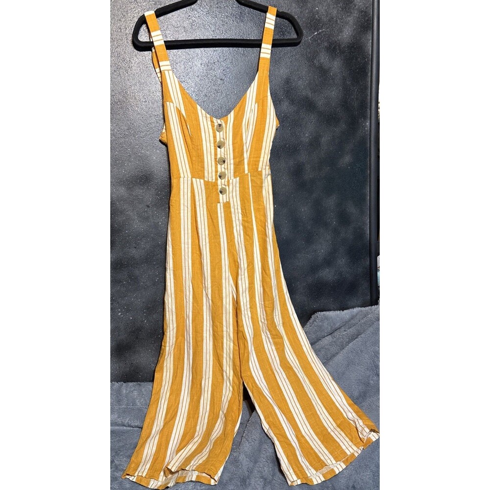 Cali 1850 Mustard Yellow & White Striped Romper Linen Blend Sz S Jumpsuit tie - Picture 1 of 6
